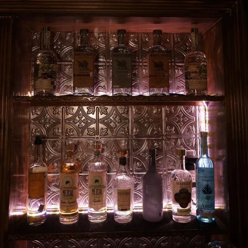 Numerous mezcal and tequila bottles on illuminated shelves, ornate metal background.