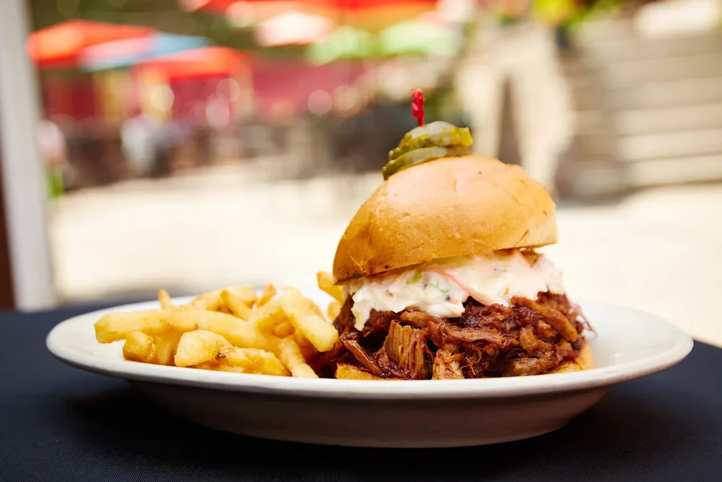 Close-up of a pulled pork sandwich, coleslaw, fries, and pickle.