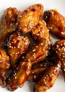 Close-up of glossy, golden-brown chicken wings, sprinkled with sesame seeds.