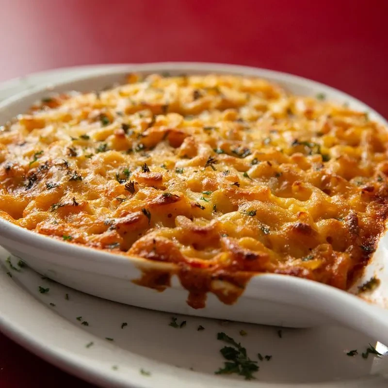 Baked macaroni and cheese with golden-brown top and green herbs.