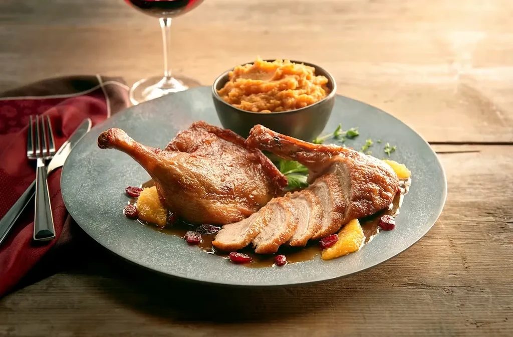 Roasted duck with crispy skin, orange, cranberries, sauce, and purée.