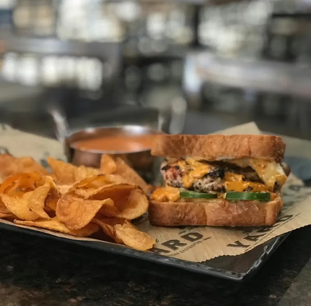 Grilled chicken sandwich with cheese sauce, chips, and dipping sauce.