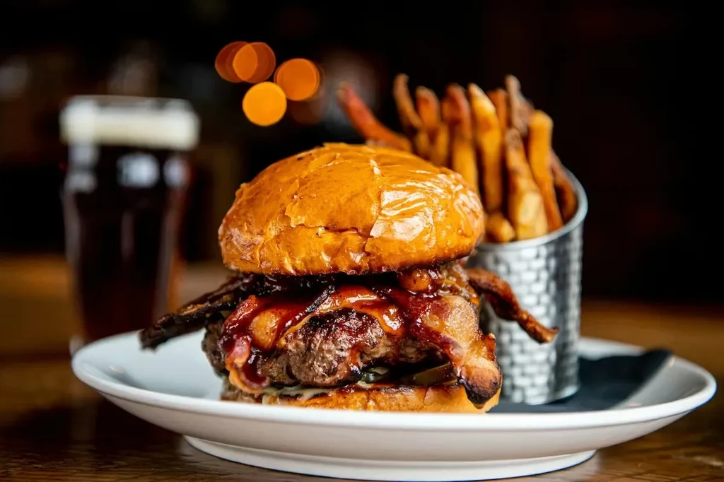Close-up gourmet burger, fries, and dark beer in a restaurant.