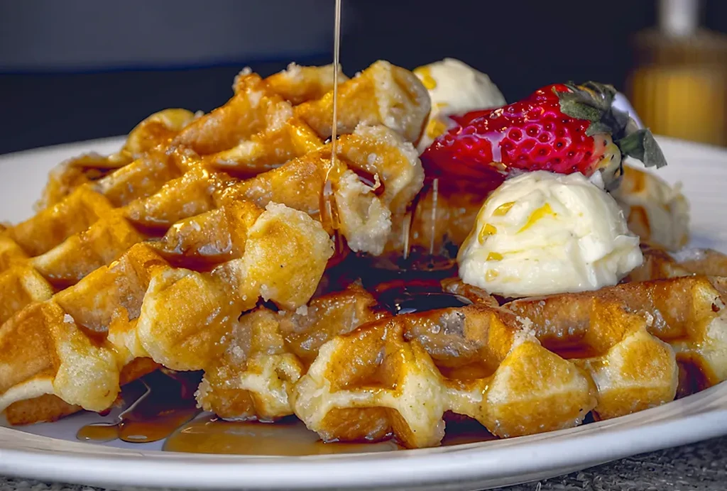 Stack of golden waffles with pouring syrup, ice cream, and strawberry.