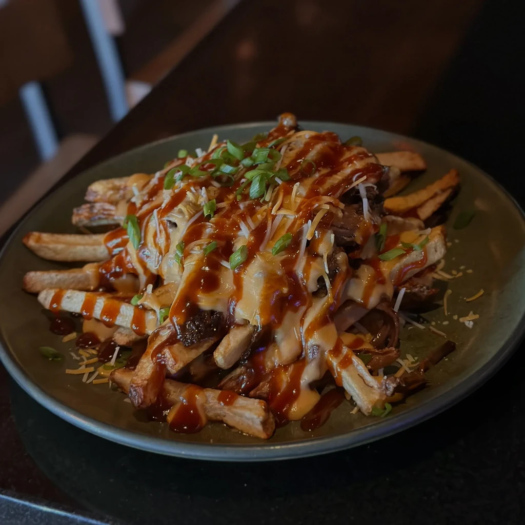 Loaded fries topped with cheese, barbecue sauce, green onions, and meat.