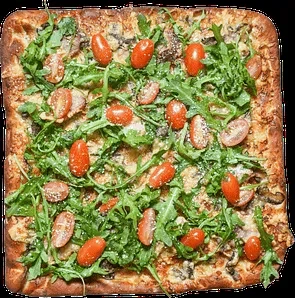 Rectangular pizza topped with arugula, cherry tomatoes, mushrooms, and cheese.