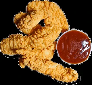 Four crispy fried chicken tenders next to a reddish-brown dipping sauce.