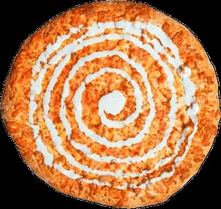 Circular pizza with golden crust and white spiral sauce on black.