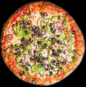 Whole pizza with melted cheese, bell peppers, olives, mushrooms on black.