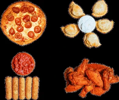 Composite showing four food categories: pizza, pastries, breadsticks, and chicken wings.