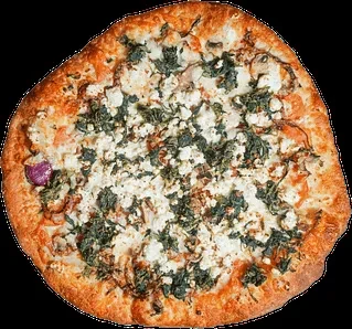 Overhead view of a whole pizza with cheese, spinach, and red onion.