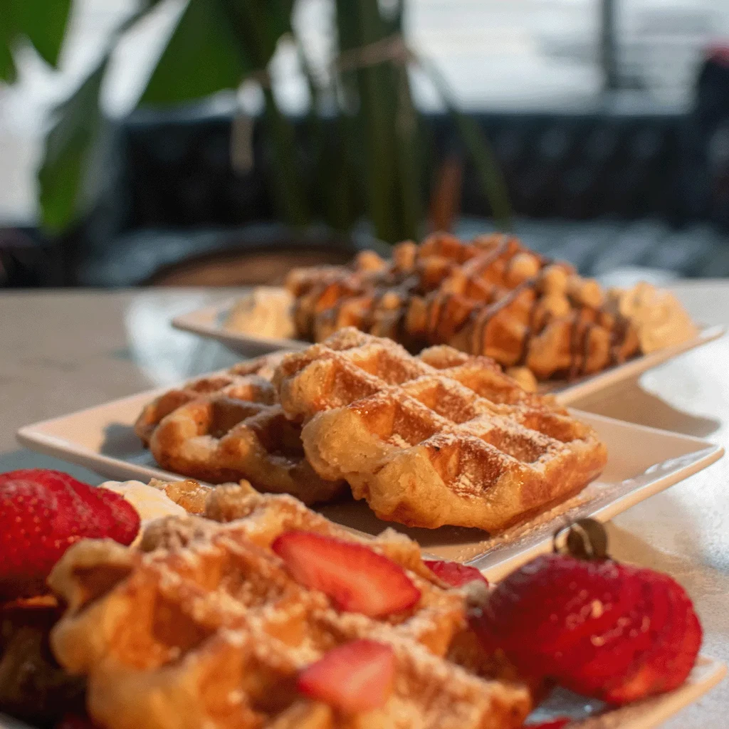 Close-up of three plates of waffles with strawberries, chocolate, and sugar.