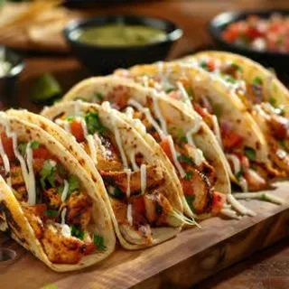 Grilled chicken tacos with fresh toppings and sauce on a wooden board.