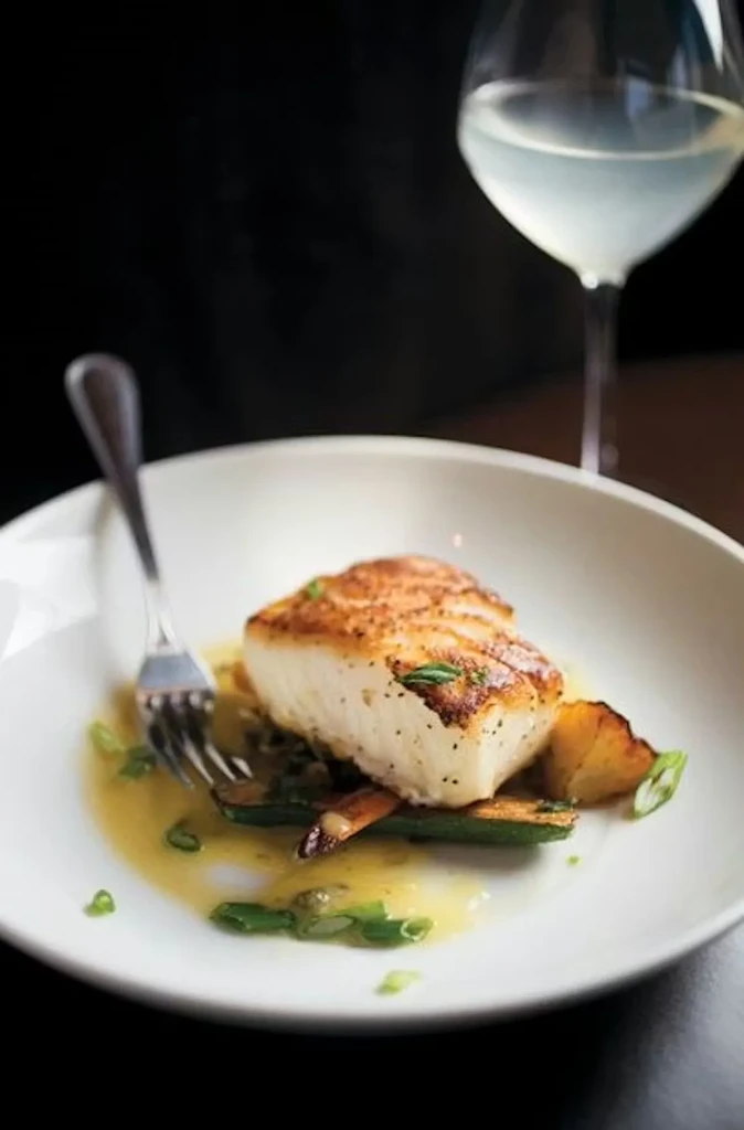 Pan-seared fish, roasted vegetables, potatoes, sauce, and fork on white plate.