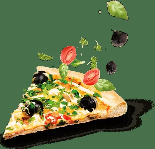 Pizza slice with cheese, olives, herbs; tomatoes and basil float.
