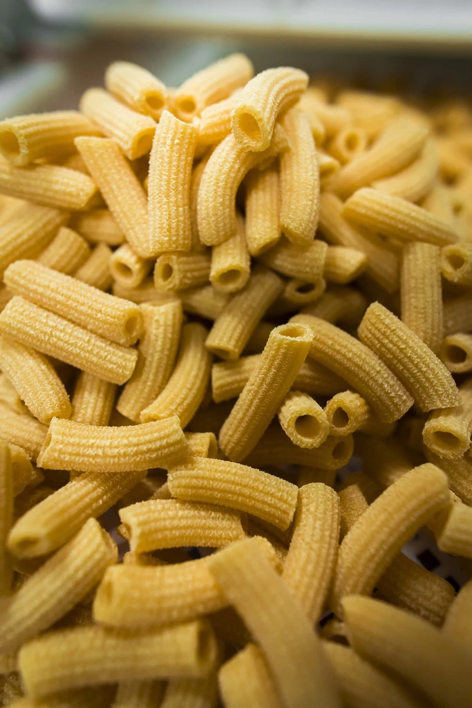 Pile of raw, golden-yellow ridged tube pasta.