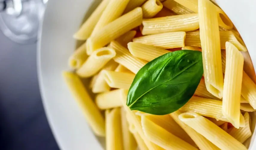 Close-up: Penne pasta in a white bowl, topped with one basil leaf.