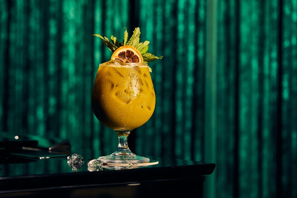 Chilled yellowish-green cocktail, garnished with dried orange and mint.