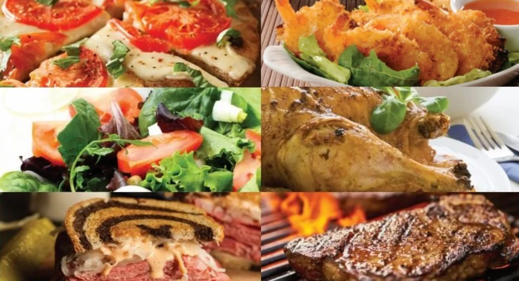 A 2x3 grid collage showing six diverse food dishes.