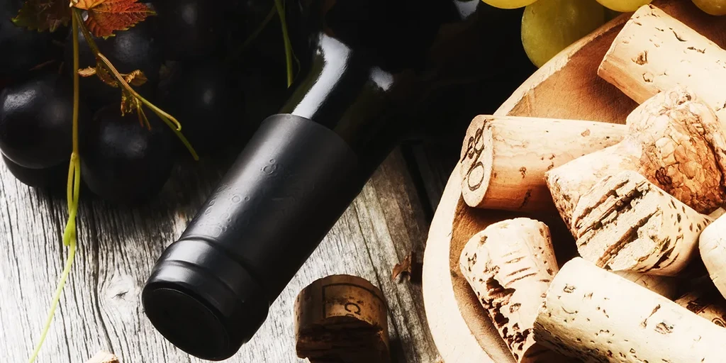 Rustic still life with wine bottle, grapes, and corks on wood.