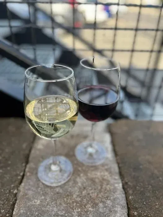 Two wine glasses with white and red wine on a stone patio.