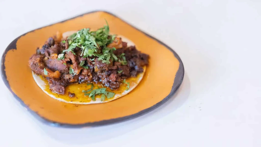 Close-up of a soft meat taco with cilantro on a square ceramic plate.
