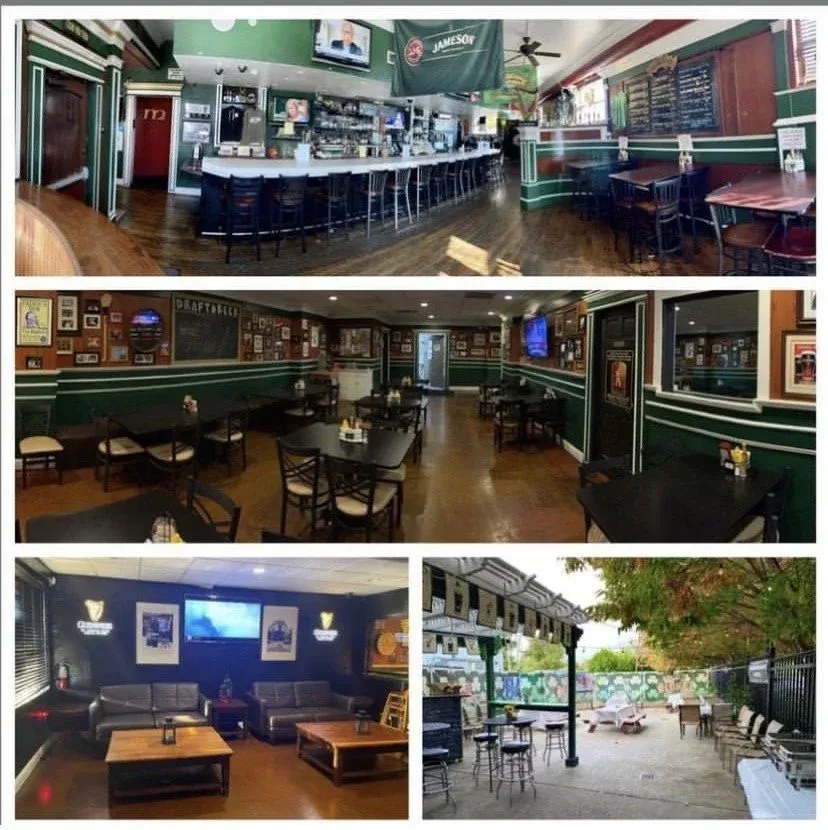 Collage of four photos showing a pub's bar, dining, lounge, and patio.