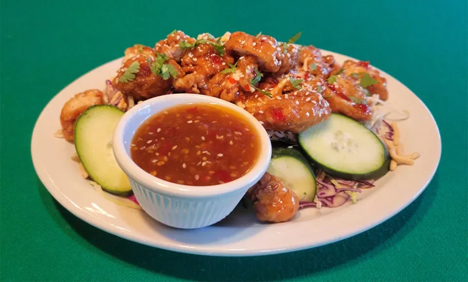 Crispy sweet chili chicken, cabbage, noodles, cucumber, and dipping sauce.