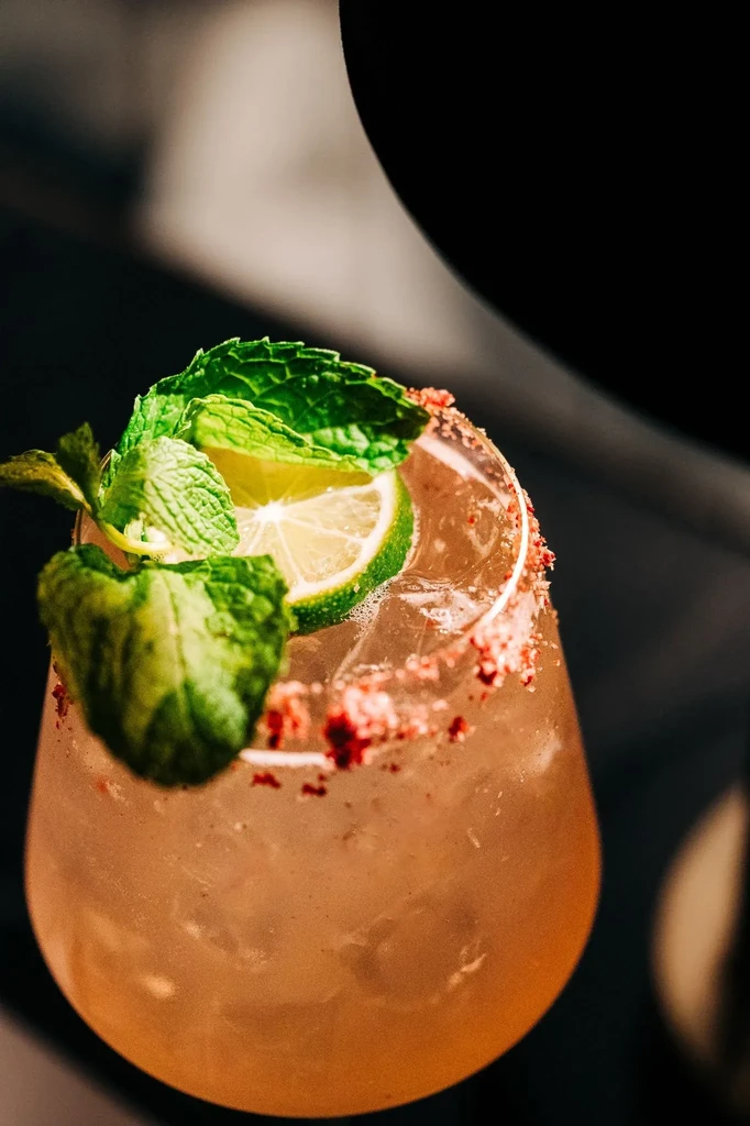 Pale orange cocktail with ice, lime, mint, and a berry rim.