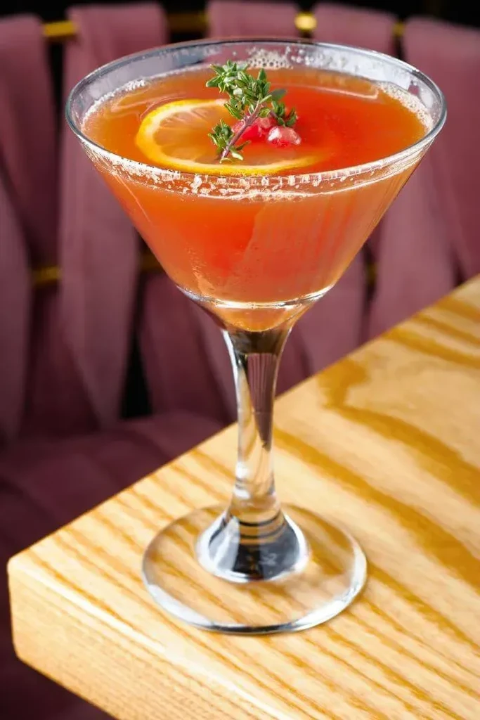 Red-orange martini cocktail with sugared rim, lemon, thyme, pomegranate seeds.