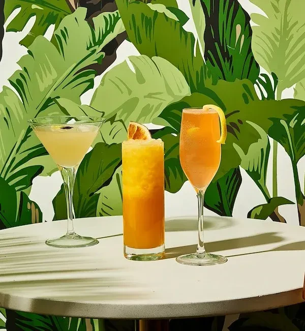 Three distinct garnished cocktails on a table with tropical leaf background.
