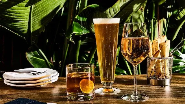 Various drinks and fries on a rustic wooden table with green plants.