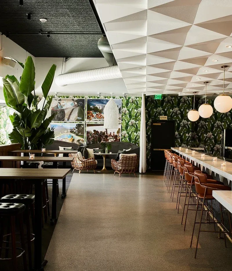 Stylish modern restaurant with diverse seating and tropical-industrial decor.
