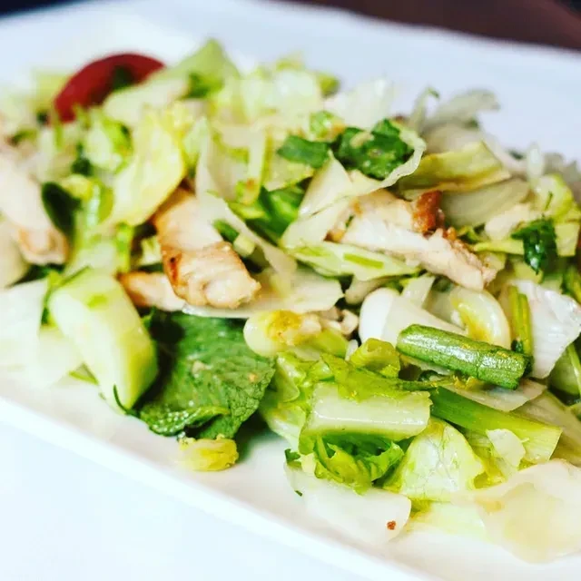 Fresh chicken salad with lettuce, cucumber, and tomatoes on a plate.