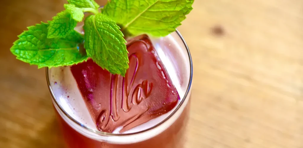 Red-purple cocktail with light foam, embossed ice cube, and green mint.