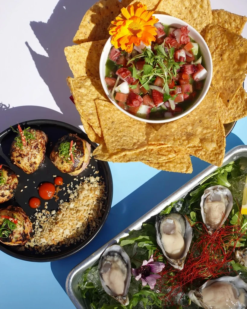 Vibrant, high-angle view of ceviche, grilled seafood, and oysters.