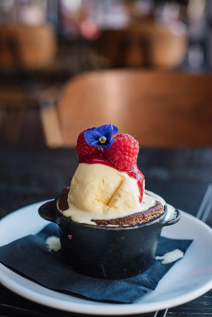 Chocolate lava cake, vanilla ice cream, raspberry coulis, raspberries, blue flower.