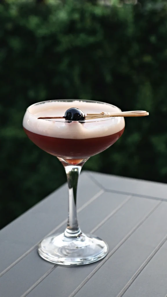 Frothy beige and brown layered cocktail with cherry on outdoor table.