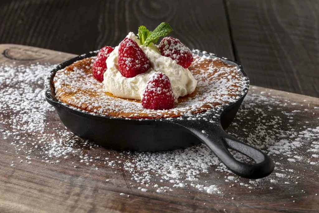Skillet dessert with powdered sugar, whipped cream, raspberries, and mint.