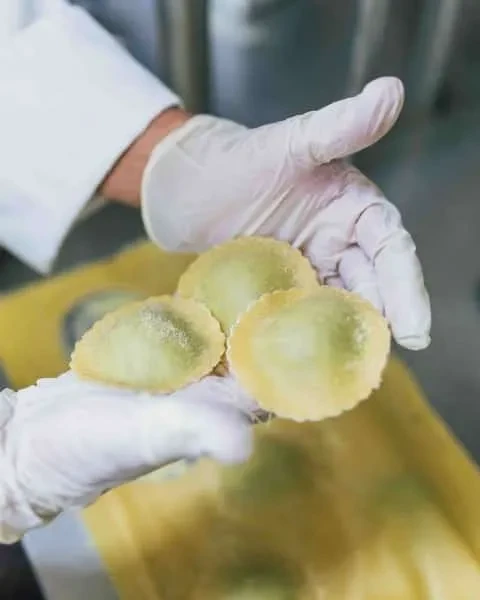 Three raw, green, ruffled pasta pieces in gloved hands.