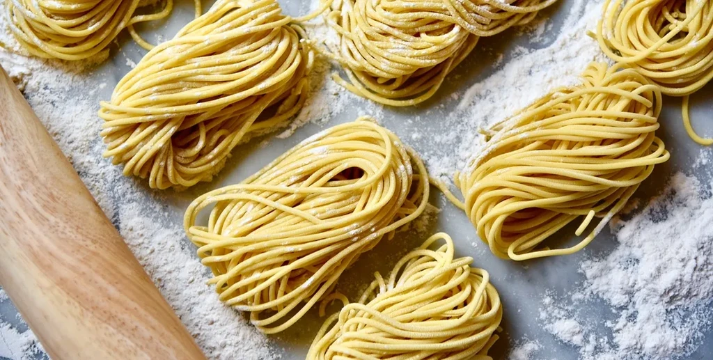 Handmade yellow pasta bundles dusted with flour and a rolling pin.