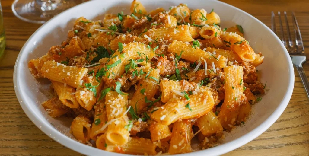 Close-up, top-down view of rigatoni with bolognese, Parmesan, and herbs.
