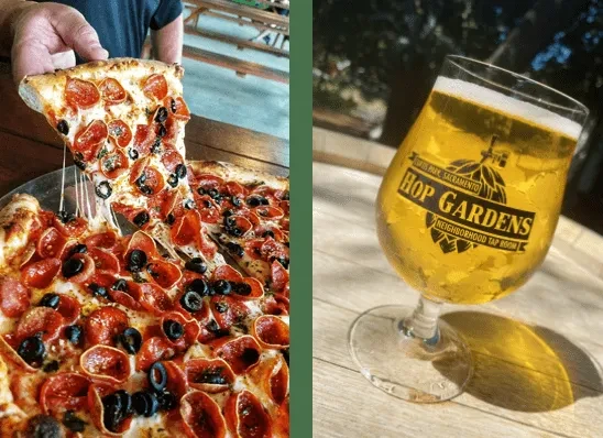 Pepperoni pizza with cheese pull, beside a frothy beer in branded glass.
