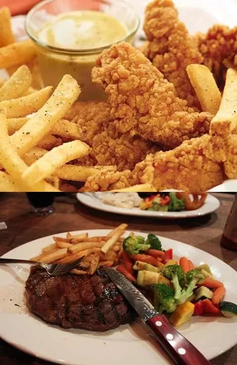 Vertical composite of fried chicken, fries, steak, and mixed vegetables.