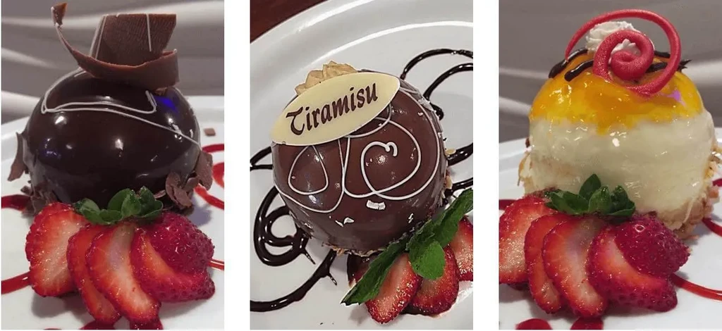 A collage of three plated desserts: two chocolate, one fruit glazed.