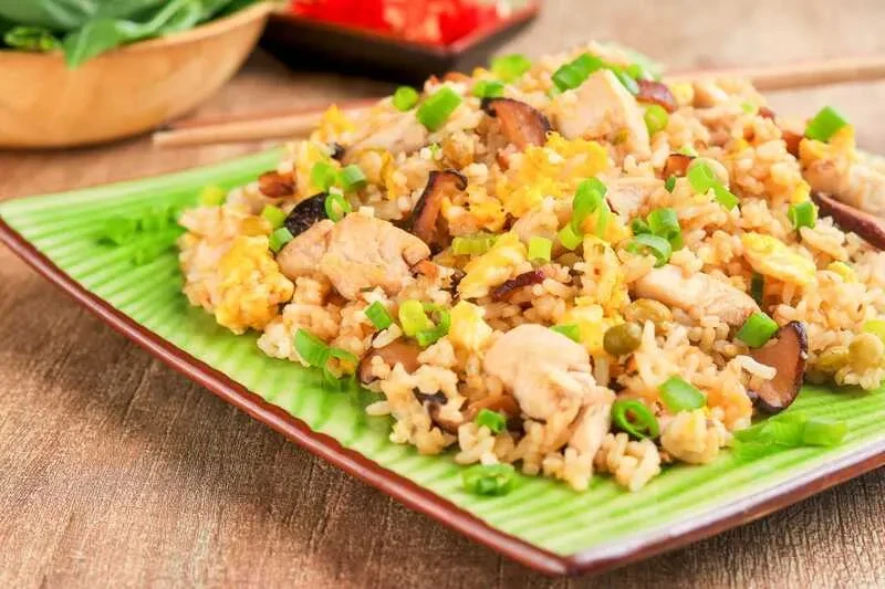 Chicken and mushroom fried rice with egg and scallions on green plate.