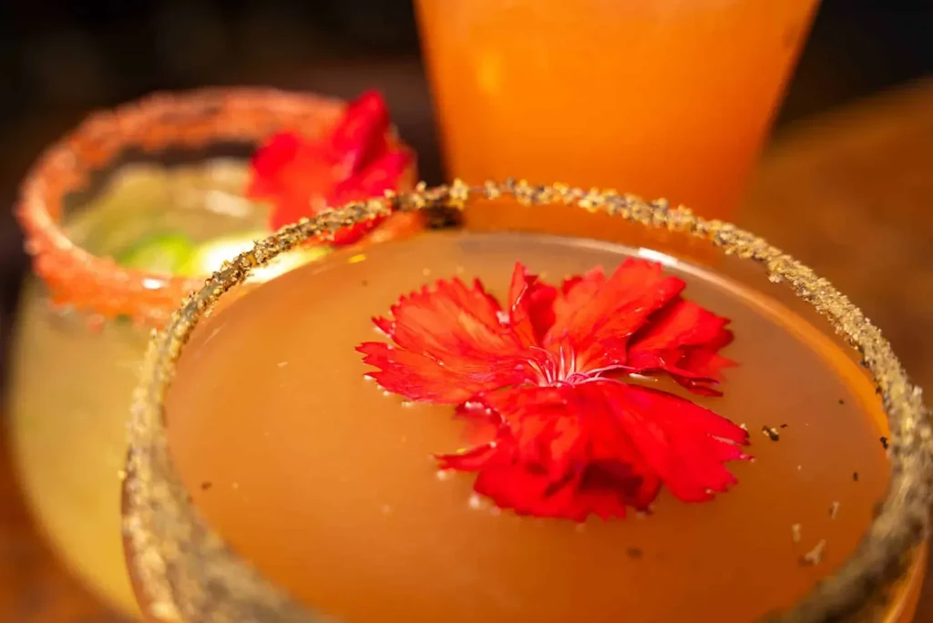Close-up: Three dimly lit cocktails on wood, one with a red flower.