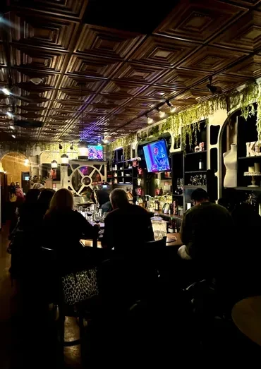 Dimly lit bar interior with patrons, bottles, TVs, and greenery.