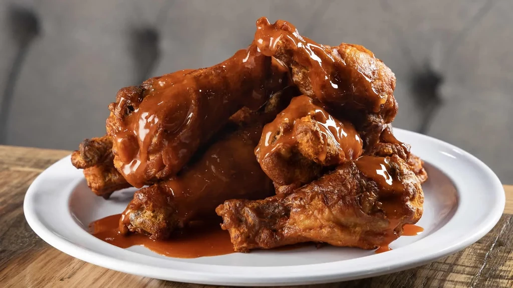 Piled chicken wings with glossy reddish-brown sauce on a white plate.