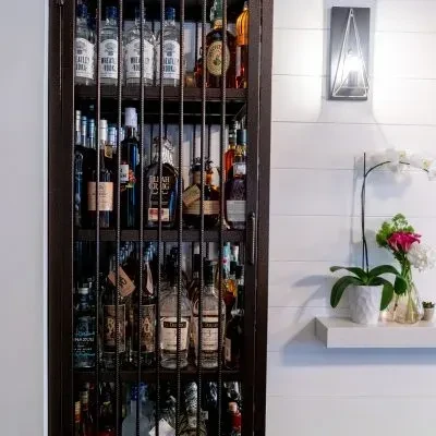 Caged liquor cabinet, geometric wall sconce, and floating shelf with plants.